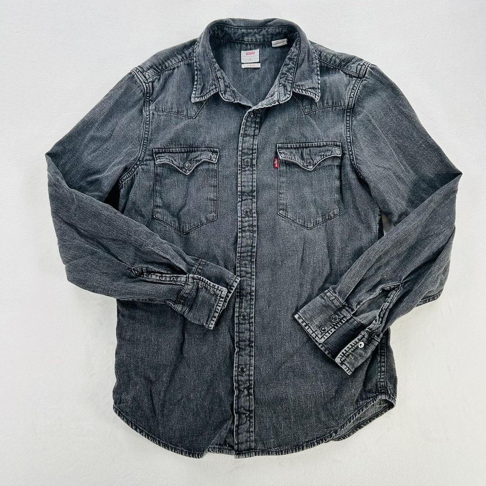 Levi's Shirt Womens Small Gray Denim Western Snap Button Up Long Sleeve Casual